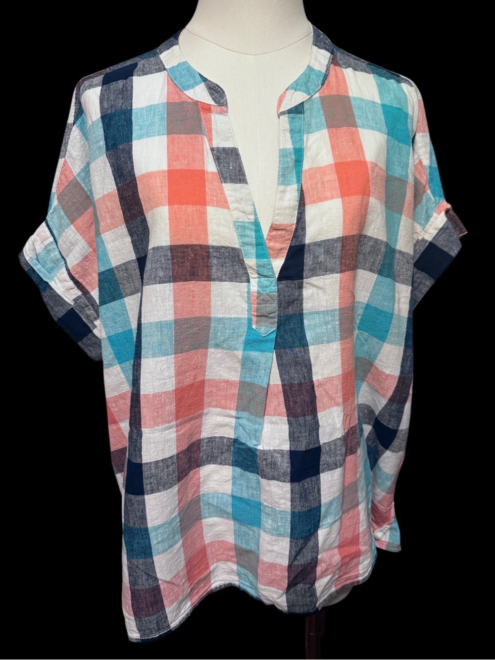 Women’s XL St John's Bay Linen Blend Breezy Summer Plaid Blouse Short Sleeves